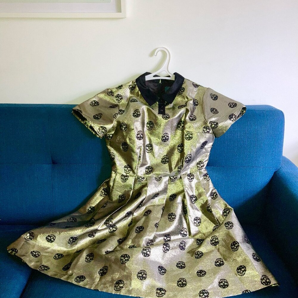 Modcloth Metallic Skull Print Dress Short Sleeve Collared Halloween Light Gold